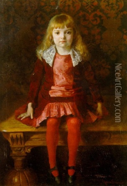 Lille Pige I Rodt Toj Siddende Pa Bord Oil Painting - Agnes Steiner