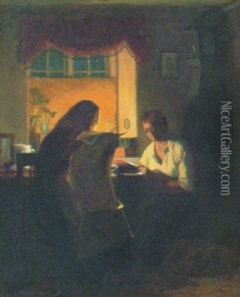 Interior Med Lasande Kvinnor Oil Painting - Anders Montan