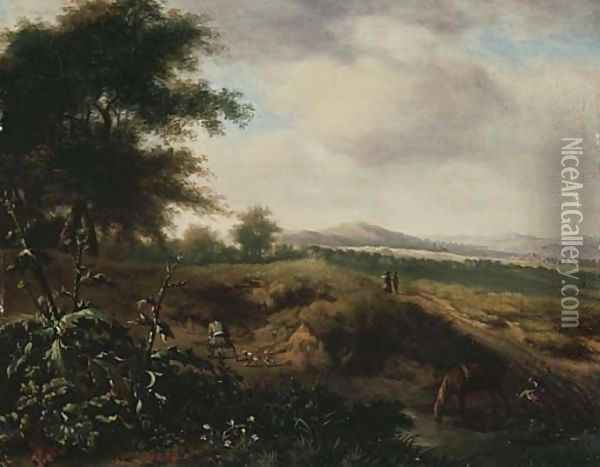 An extensive landscape with a sportsman and his dog at the edge of a wood Oil Painting - Jan Wijnants