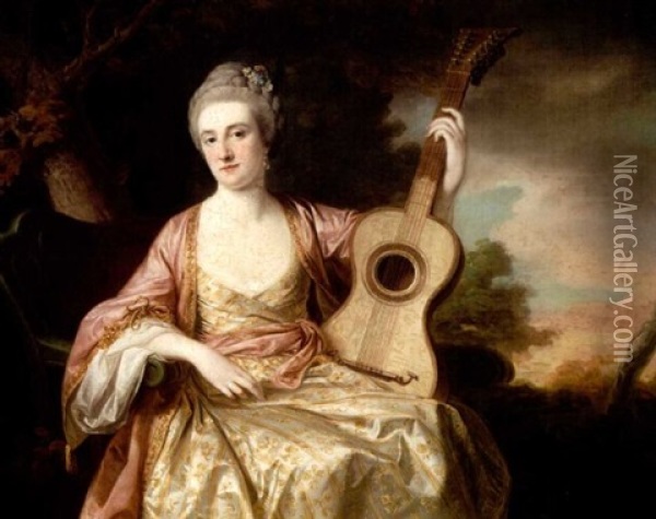 Portrait Of Maria Walpole, Countess Of Waldegrave And Later Duchess Of Gloucester, In A White Dress Embroidered With Gold And A Pink Shawl, Holding A Guitar In Her Left Hand, Seated In A Landscape Oil Painting - Francis Cotes