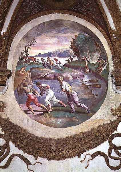 Scene showing that those born under the sign of Cancer in conjunction with the constellation of Mars are imparted with an aptitude for hunting and fishing, symbolised by a scene of fishing with nets, from the Camera dei Venti, 1528 Oil Painting - Giulio Romano (Orbetto)