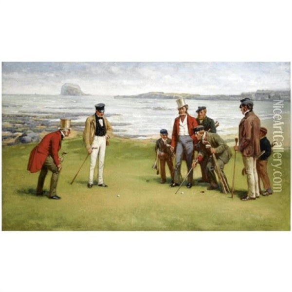 Lord Rosebery, Admiral Fleming, The Duke Of Buccleuch And Lord Charles Hope With Their Respective Caddies At North Berwick Oil Painting - John Charles Dollman