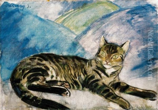 Cat Among Pillows Oil Painting - Janos Vaszary