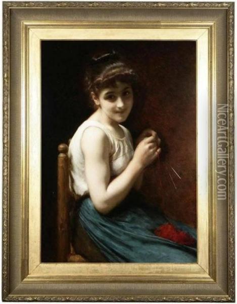 Portrait Of A Girl Knitting Oil Painting - Etienne Adolphe Piot