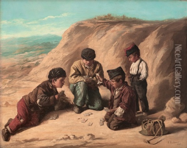 Ninos Jugando A Las Cartas Oil Painting - Sir Hubert von Herkomer