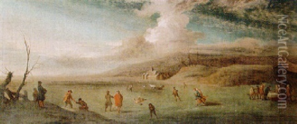 Lake Scene With Figures Skating In The Ice, A Castle Beyond Oil Painting - Jan Griffier the Elder