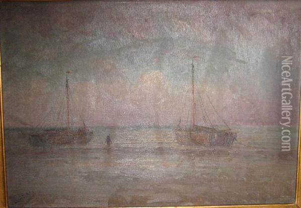 Vissersboten Bij Zonsondergang Oil Painting - Romain Steppe