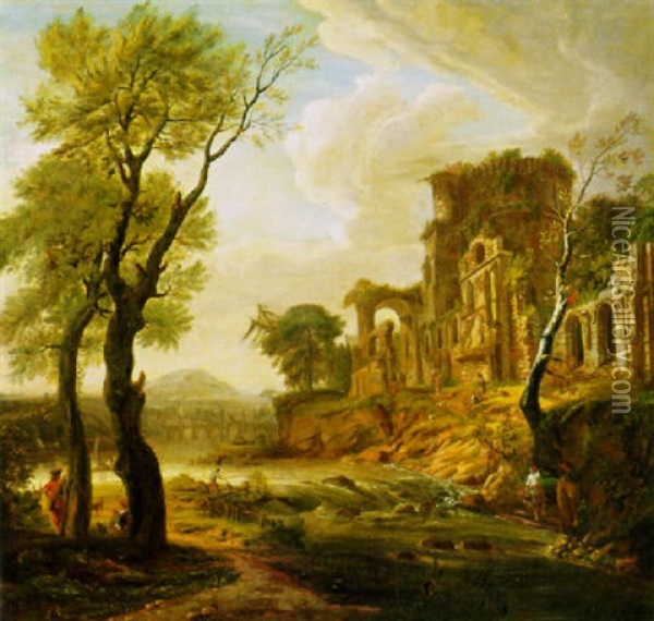 Figures Amongst Ruins By A River With A Bridge Beyond Oil Painting - Gaspard Dughet