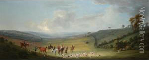 A Hunting Party With Hounds Catching The Scent Oil Painting - Thomas Smith of Derby
