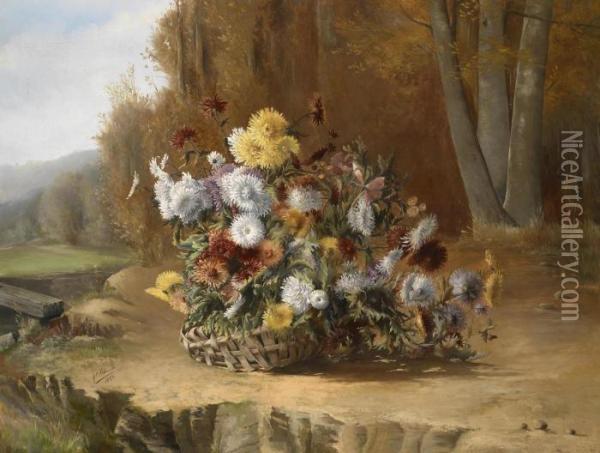 Basket Of Asters In A Landscape Oil Painting - A. Barbier