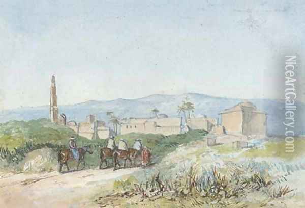 Travellers on horseback approaching a Palestinian town, possibly Lydda Oil Painting - William James Muller