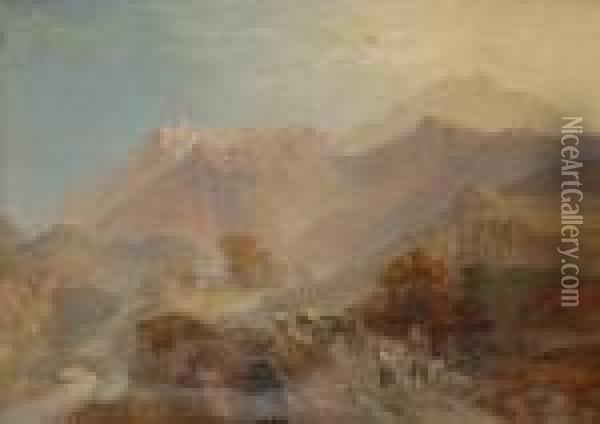 Figures Crossing A Bridge In An Alpine Landscape Oil Painting - James Baker Pyne