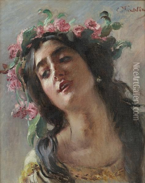 Woman With A Rose Garland; Study For Oil Painting - Konstantin Egorovich Makovsky