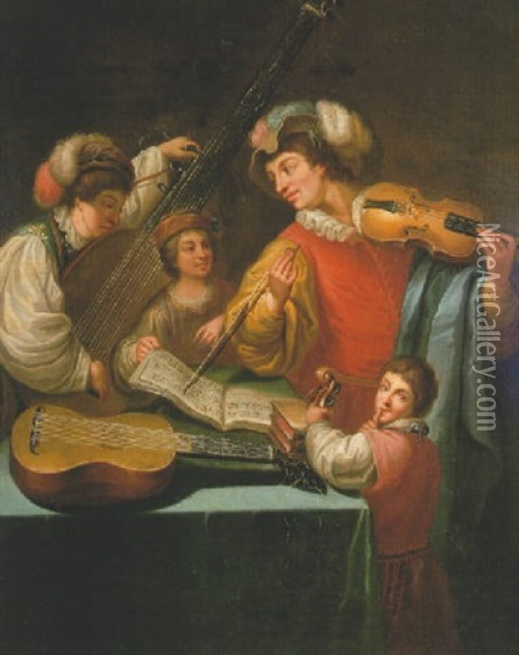 A Violinist Instructing A Youth, Another Tuning A Guitar And A Child Leaning Against A Table Oil Painting - Bartolomeo Manfredi