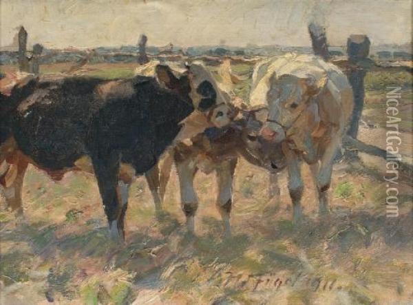 Kuhe Auf Der Weide: Out In The Pasture Oil Painting - Heinrich Johann Von Zugel