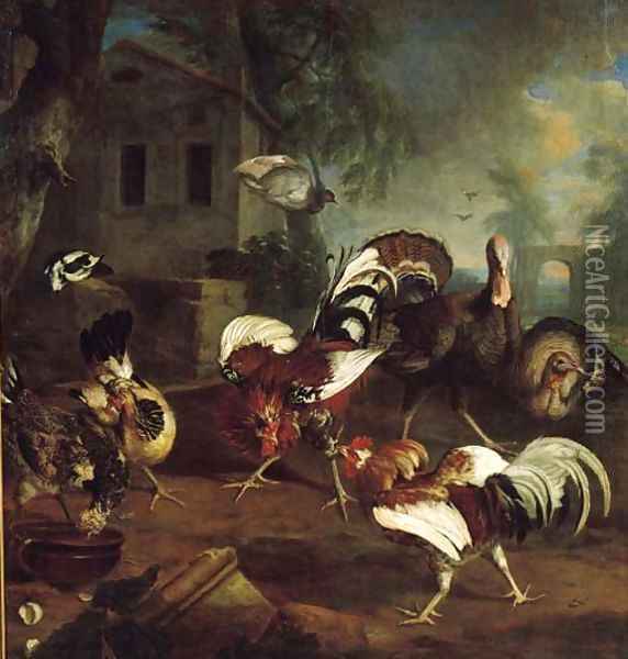 Cocks, chickens and turkeys with pigeons flying above on a yard by a mansion Oil Painting - Peter Caulitz