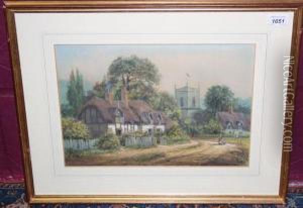 Figures In A Country Lane Beside Thatched Cottages With A Church Beyond Oil Painting - Henry Stannard