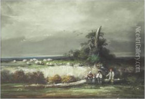 [antoine Moine, Sheperds By A Pond, Gouache And Oil On Paper] Oil Painting - Antonin Marie Moine