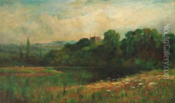 A tranquil river with a church beyond Oil Painting - Peter Ghent