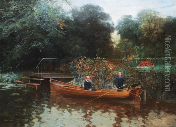 Children In A Boat On The Feenteich Oil Painting - Ludwig Julius Christian Dettmann