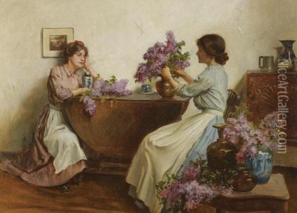Women Arranging Flowers Oil Painting - Albert Chevallier Tayler