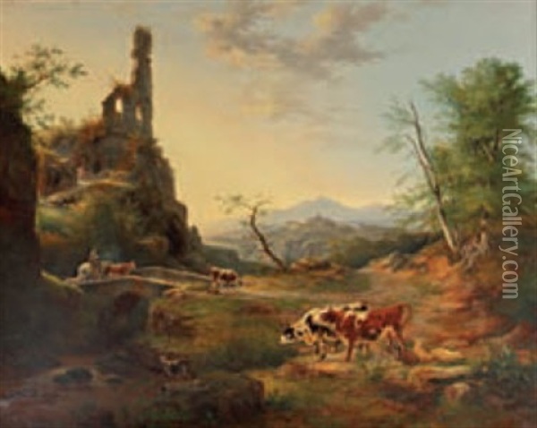 Paysage De Campagne Montagneuse Avec Pont Et Vaches Oil Painting - Victor Herment