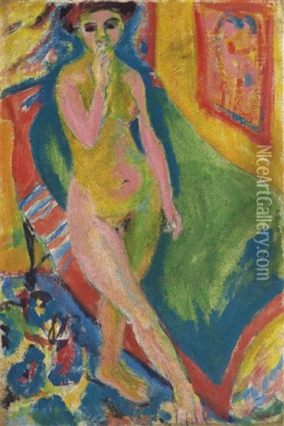 Nacktes Madchen Vor Grunem Sofa Oil Painting - Ernst Ludwig Kirchner