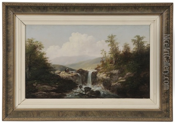 Mountain Landscape, With Two Figures By A Waterfall Oil Painting - William Charles Anthony Frerichs