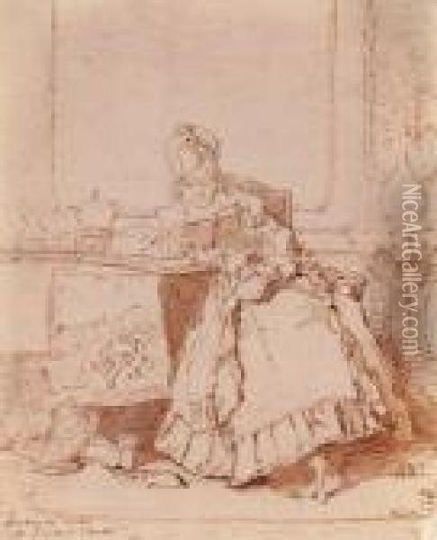 A Woman Reading At A Table In An Elegant Interior Oil Painting - Alexander Hugo Bakker Korff