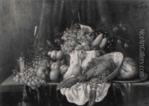 Stilleben Mit Fruchten, Hummer, Weinglas Und Brot Oil Painting - Nicolas Wokos