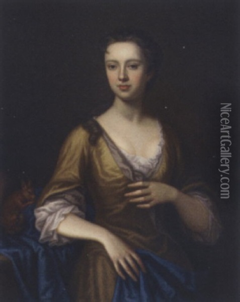Portrait Of Margaret Aldersey In A Yellow Dress And Blue Wrap, A Squirrel By Her Side Oil Painting - James Fellowes