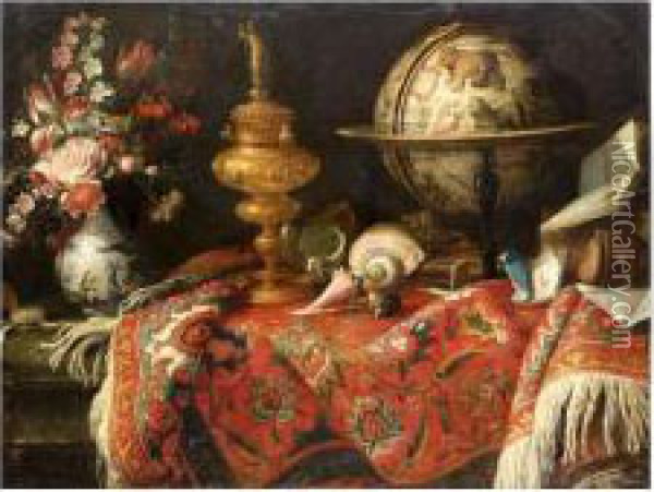 Vase De Fleurs, Mappemonde Et Orfevrerie Sur Un Tapis Oil Painting - Meiffren (Ephren) Conte (Leconte)