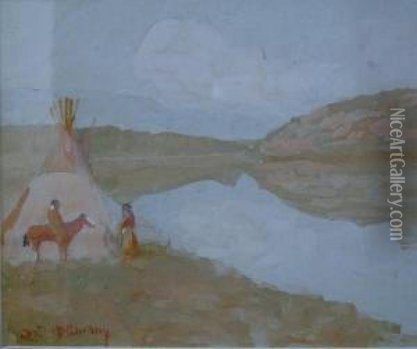 Two Indians By A Tepee Oil Painting - Edwin Willard Deming