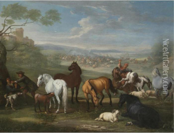 Herdsmen With Horses And Sheep In The Foreground, A Battle Beyond Oil Painting - Pieter van Bloemen