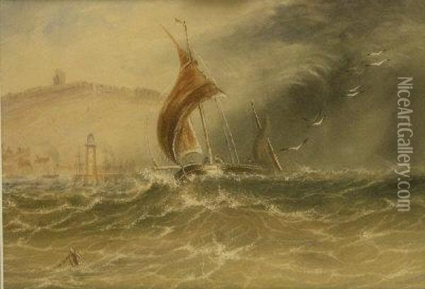 Fishing Smack In Choppy Seas Returning To Scarborough Harbou Oil Painting - Joseph Newington Carter