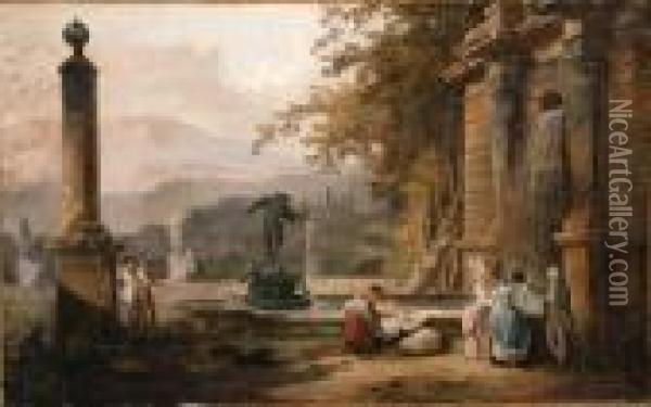 Elegant Figures And A Washerwoman By A Fountain With A Statue Ofcupid And An Obelisk Oil Painting - Hubert Robert
