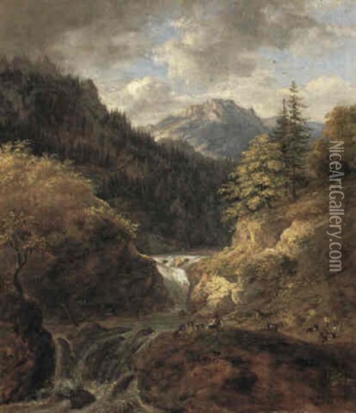 Wasserfall Bei Kreuth Mit Rastendem Hirtenjungen Oil Painting - Johann Jakob Dorner the Younger