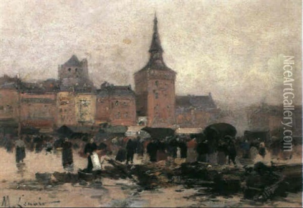 Figures In A Town Square Oil Painting -  Marcel-Lenoir (Jules Oury)