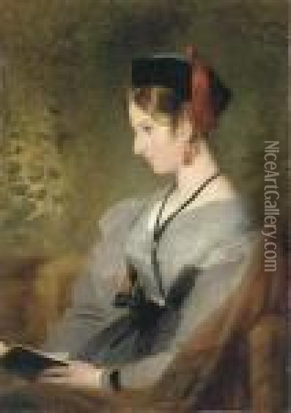 Portrait Of Elizabeth Wells, 
Later Lady Dyke, Three-quarter-length,seated In A Grey Dress, Holding A 
Book Oil Painting - Landseer, Sir Edwin