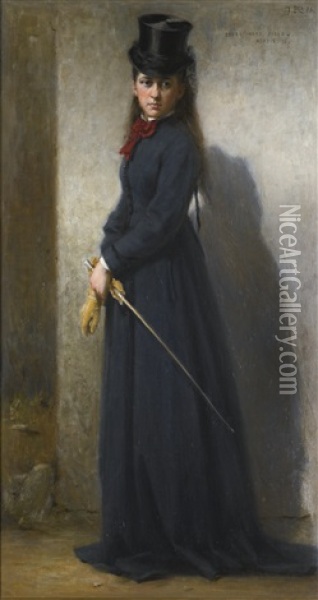 Portrait Of Edith Mary Field, Aged 15, Standing Full-length, In Riding Habit Oil Painting - George Reid