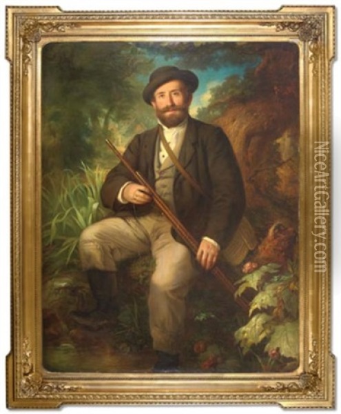 Self-portrait Seated At A River's Edge With A Fishing Pole Oil Painting - Rudolph Swoboda the Elder