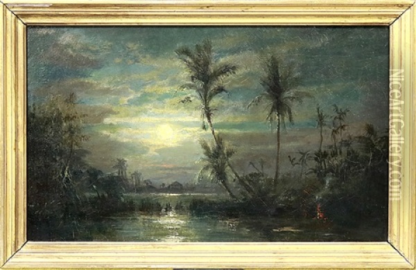 Nachtliche Ansicht Des Nils Mit Lagerfeuer Am Ufer Oil Painting - Ernest Karl Eugen Koerner