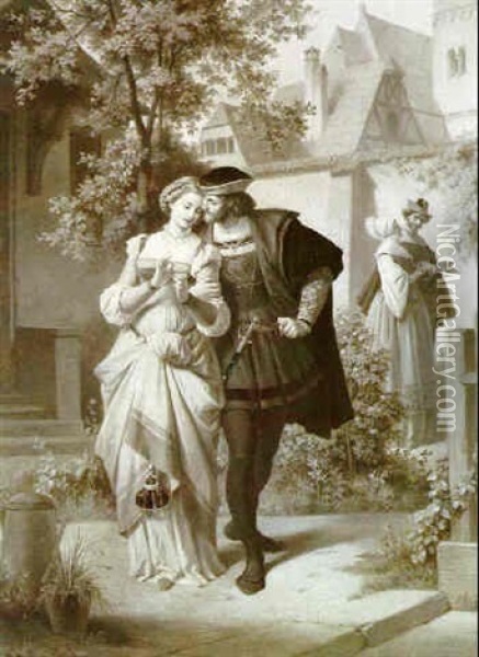Faust Und Gretchen Und Mephisto Mit Marthe Im Hintergrund Oil Painting - Theodor Pixis