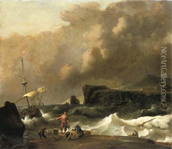 A Shipwreck With Figures Coming Ashore, A Monastery Beyond Oil Painting - Ludolf Backhuysen the Elder