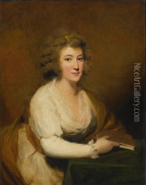 Portrait Of Lady Nasmyth, In A White Dress And Brown Shawl, Seated At A Table, Holding A Book Oil Painting - Sir Henry Raeburn