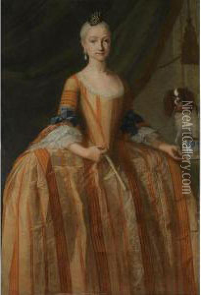 Portrait Of The Infanta Maria 
Josefa De Borbon, Full Length, With A Cup Of Chocolate And A Dog Oil Painting - Giuseppe Bonito