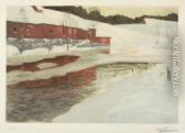 Winter Landscape With A Red Barn Near A River Oil Painting - Fritz Thaulow