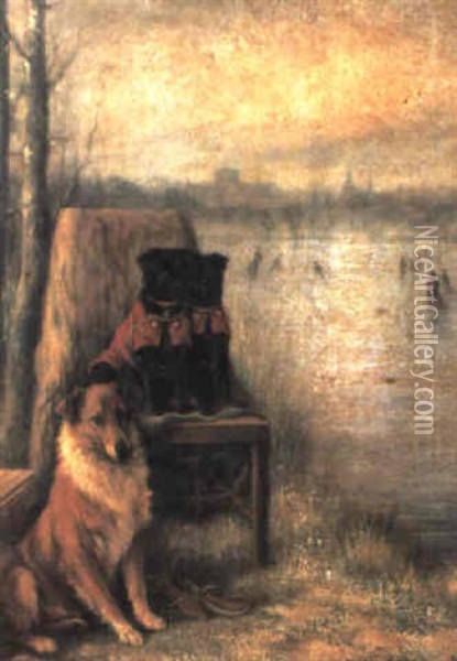 Black Pugs And A Collie In Winter Oil Painting - Valentine Thomas Garland