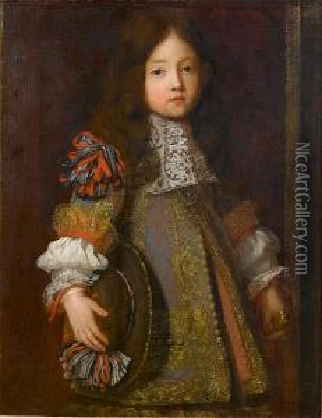 Portrait Of A Young Boy 
Three-quarter-length,in Grey Embroidered Costume Decorated With Ribbons,
 A White Lacejabot And Holding A Black Ribboned Hat Oil Painting - Henri Gascard