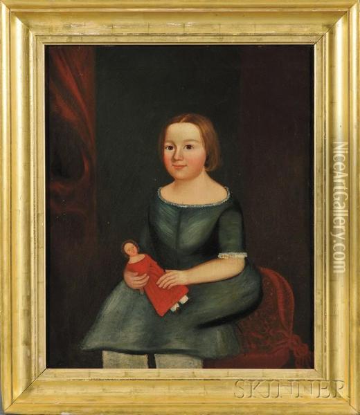Portrait Of A Young Girl Holding A Doll. Oil Painting - Horace Bundy